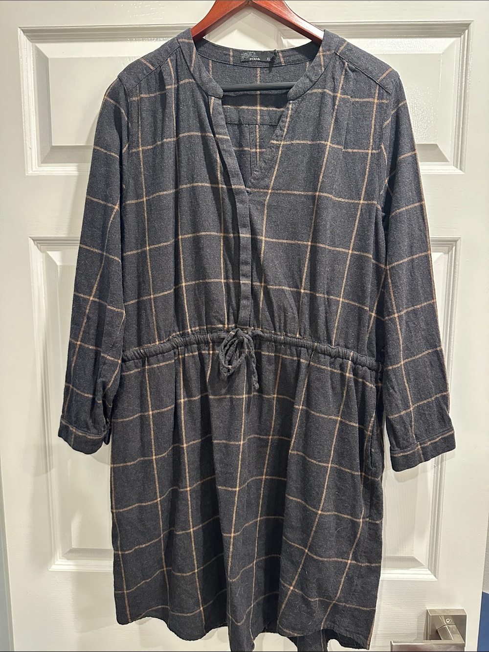 Prana Charcoal Gray Windowpane Drawstring Long Sleeve Dress